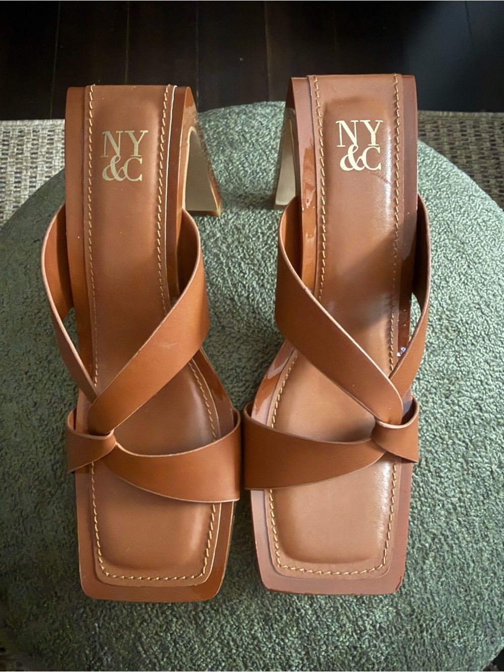 New York & Company Cognac Brown Crisscross Square-Toe Heeled Sandals